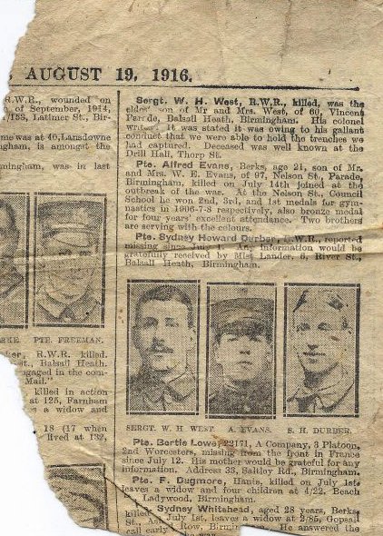 Evans Fred death newspaper 19-08-1916