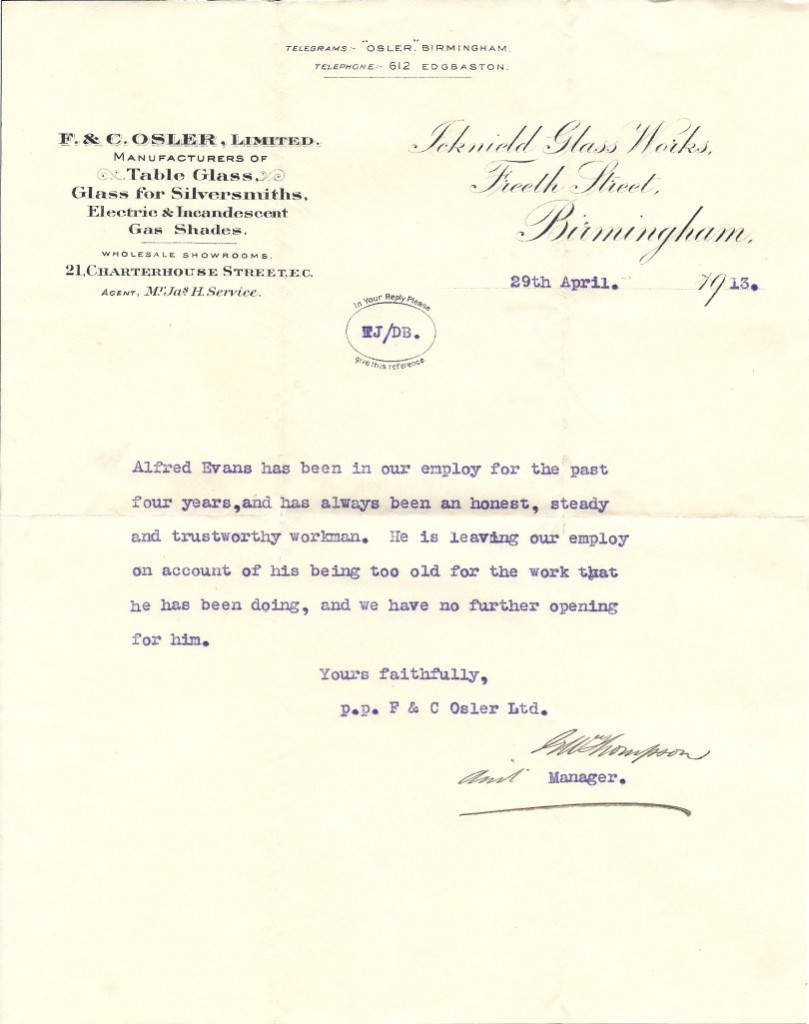 Evans Fred reference letter 29-04-1913